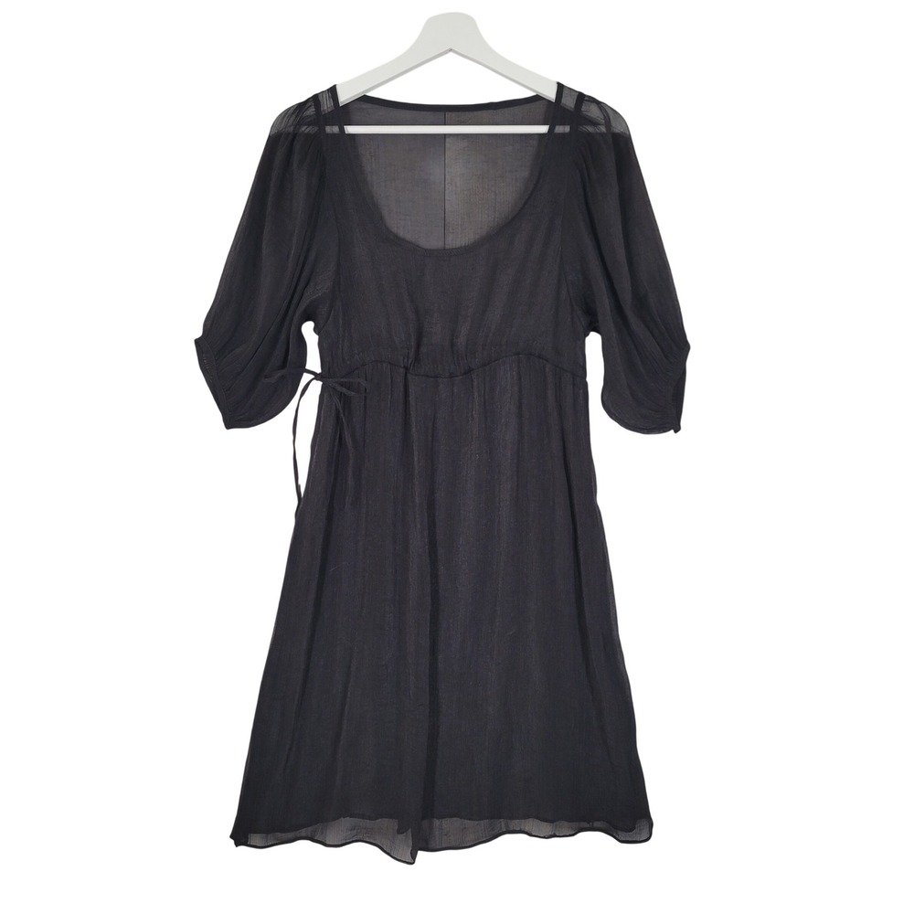 Sheer Chiffon Mini Dress Womens Small Black Empire Waist Babydoll Puff Sleeve